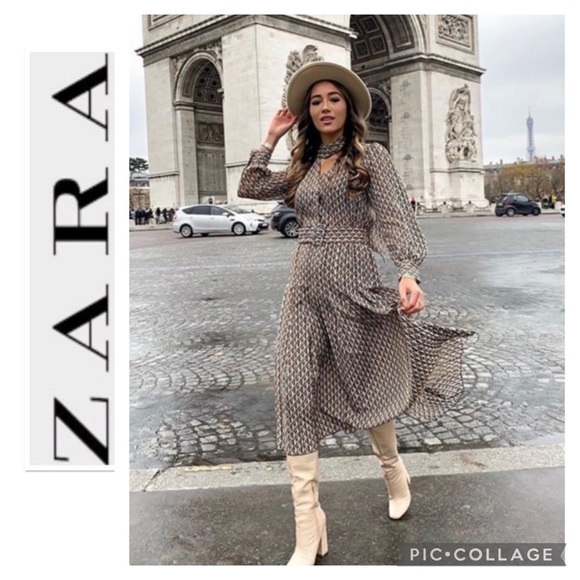 NWT Zara Brown Print Midi Dress Size XL Stunner! Bow Tie shirt dress long sleeve - Picture 12 of 16